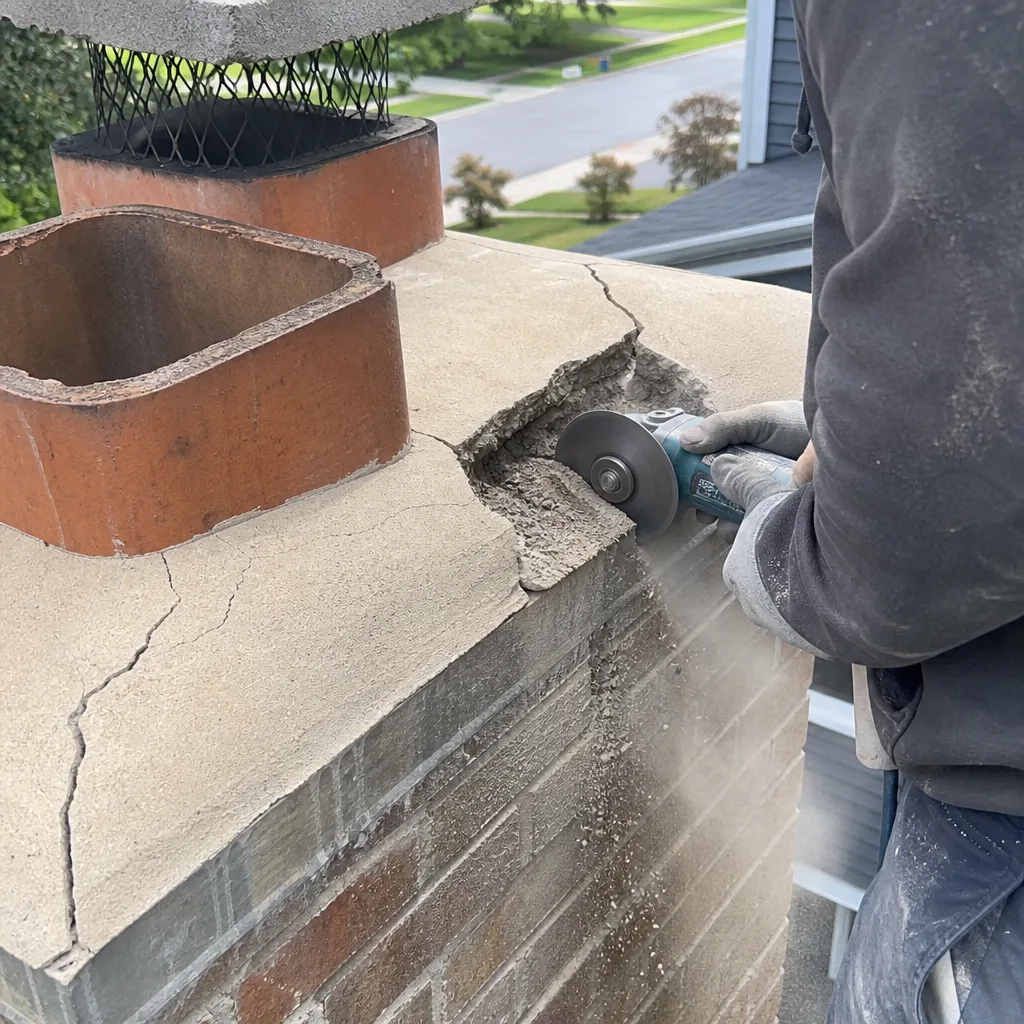 Professional chimney technician repairing a cracked concrete chimney crown with grinder