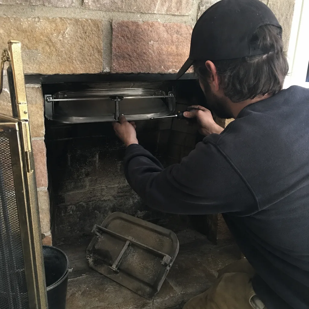 Technician installing a new stainless steel fireplace damper in a stone fireplace