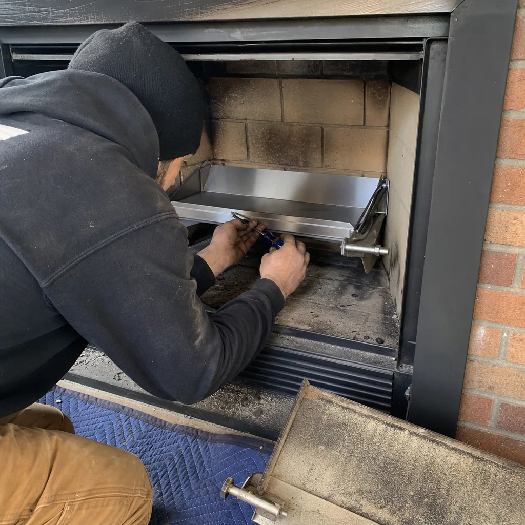 Professional technician repairing and maintaining an indoor brick fireplace firebox