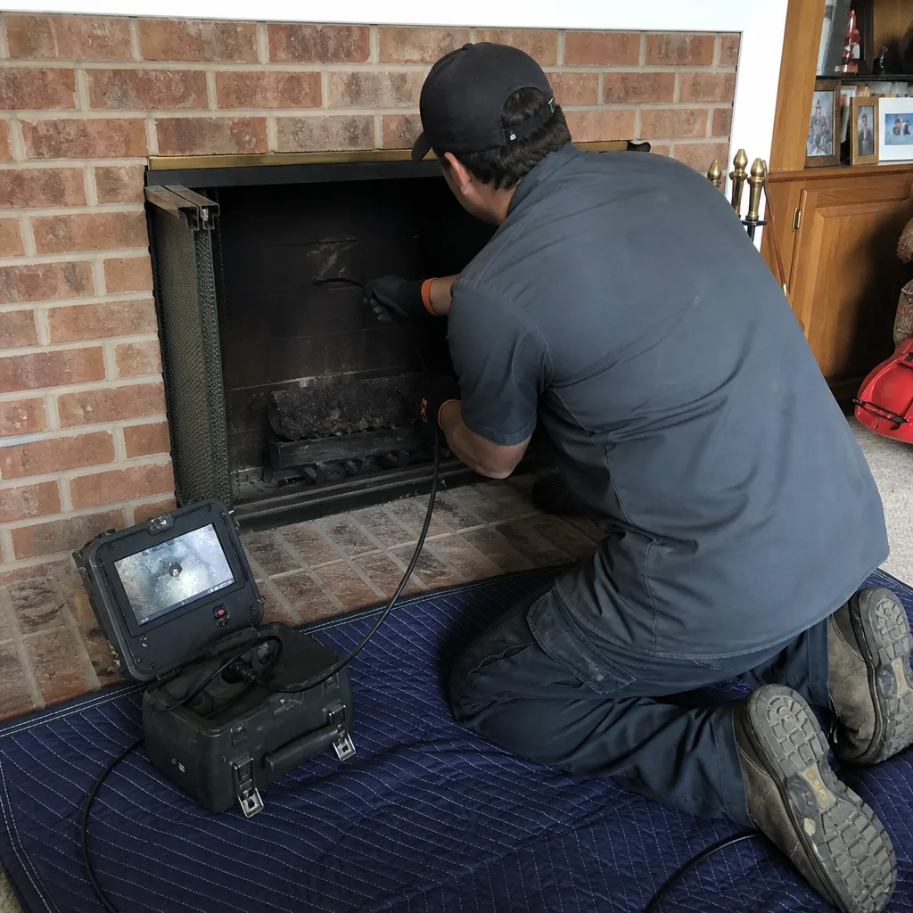 Technician performing a professional fireplace chimney inspection with a video camera.
