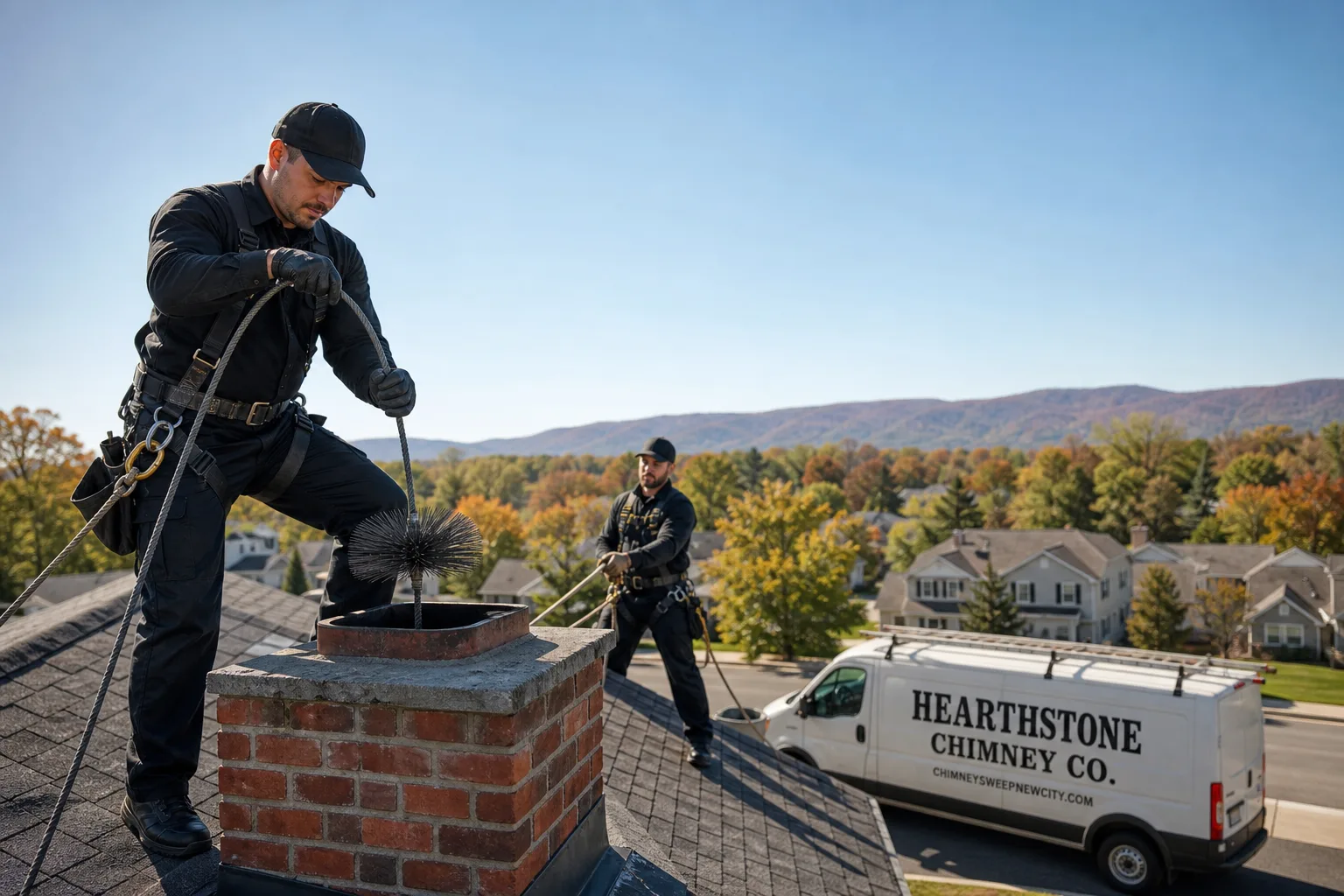Hearthstone Chimney Co. chimney cleaning service vehicle and crew in New City, NY